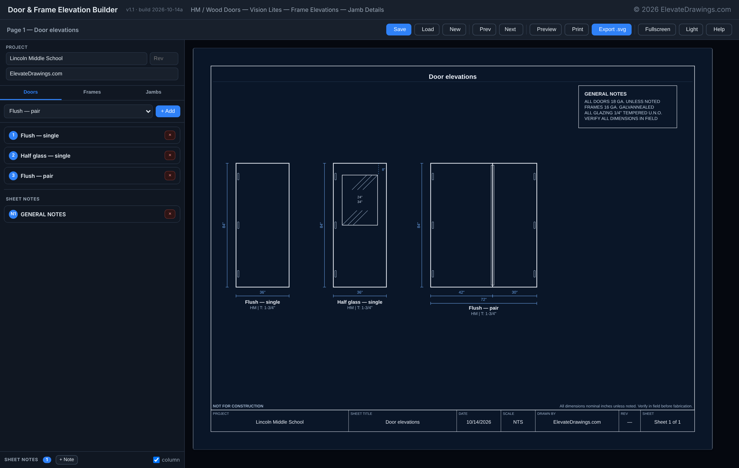 ElevationBuilder with three door elevations on a sheet