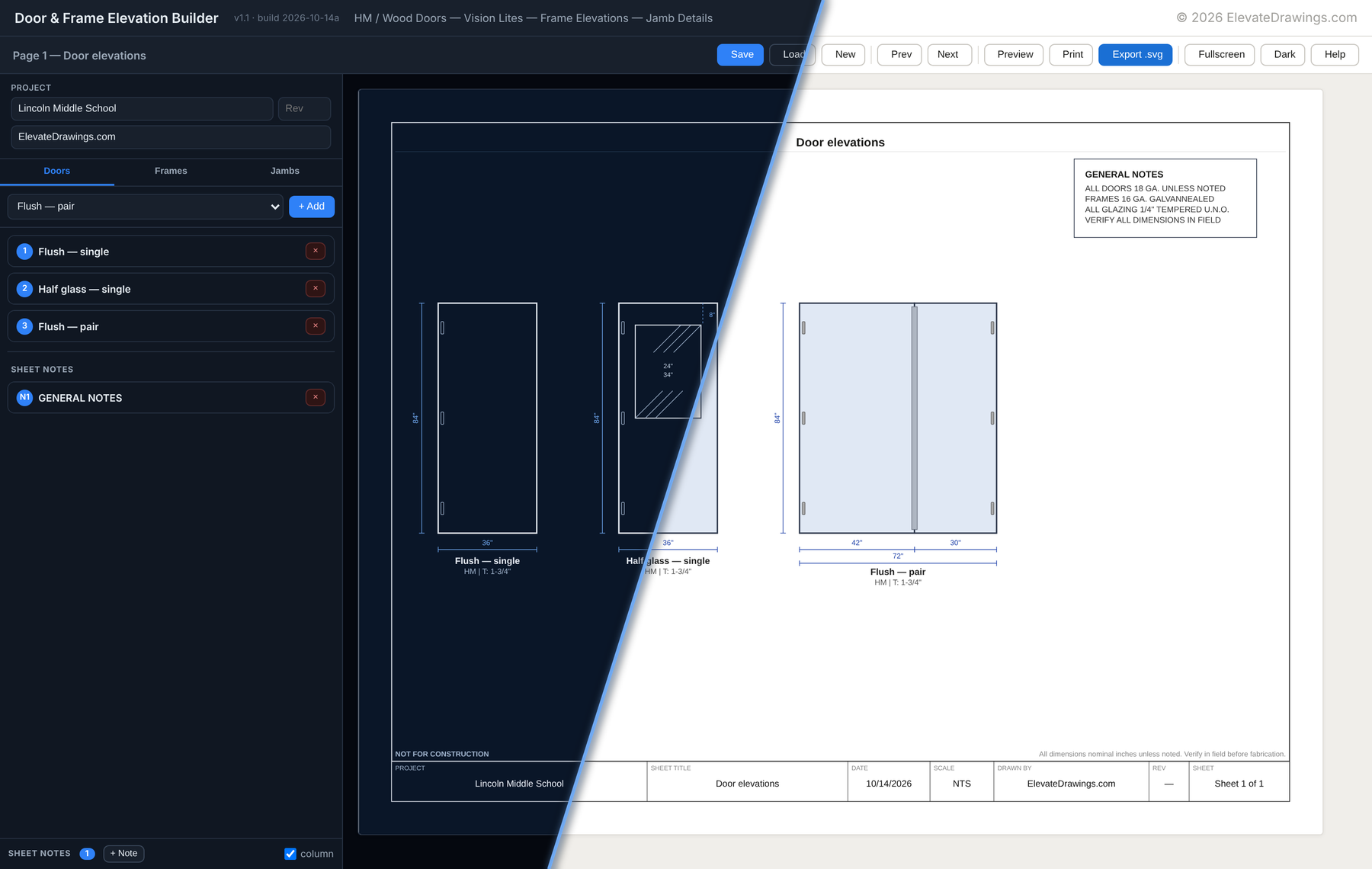 ElevationBuilder with three door elevations on a sheet, shown in dark mode on the left and light mode on the right